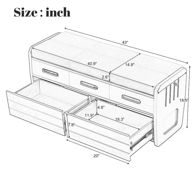 Rustic Storage Bench with 2 Drawers, Hidden Storage Space, and 3 False Drawers at the Top