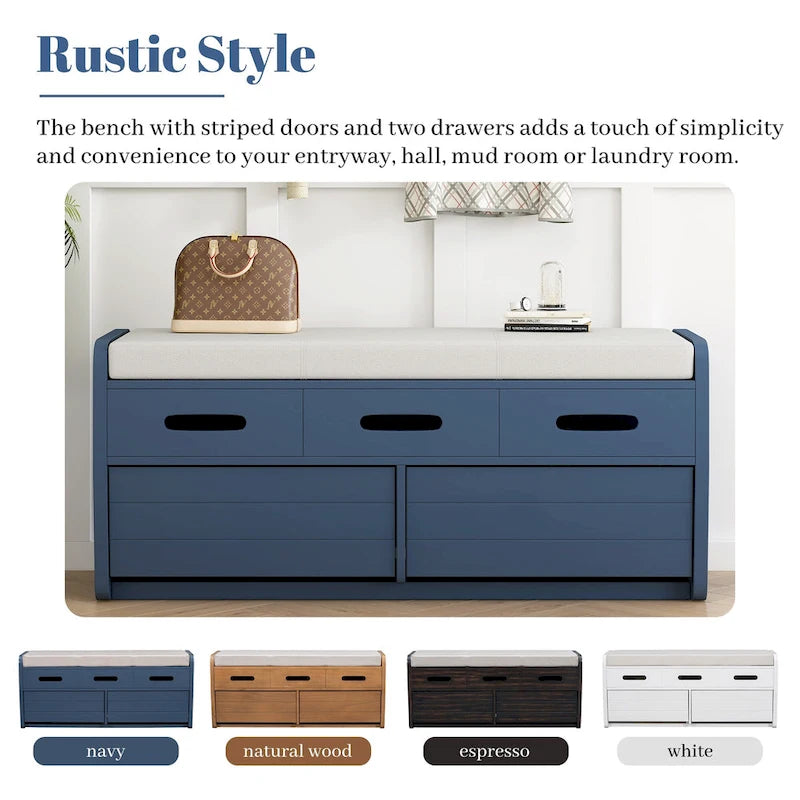 Rustic Storage Bench with 2 Drawers, Hidden Storage Space, and 3 False Drawers at the Top