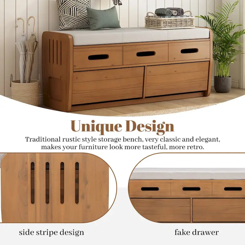 Rustic Storage Bench with 2 Drawers, Hidden Storage Space, and 3 False Drawers at the Top