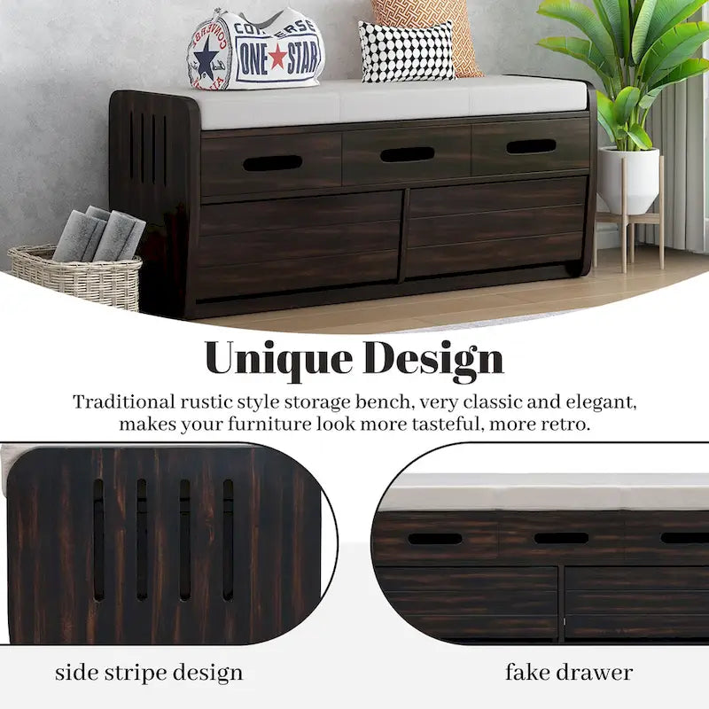 Rustic Storage Bench with 2 Drawers, Hidden Storage Space, and 3 False Drawers at the Top