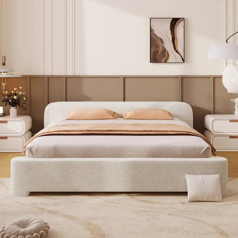 Boucle Upholstered Platform Bed Modern Wood Queen Bed Frame with Headboard for Bedroom, No Box Spring Required