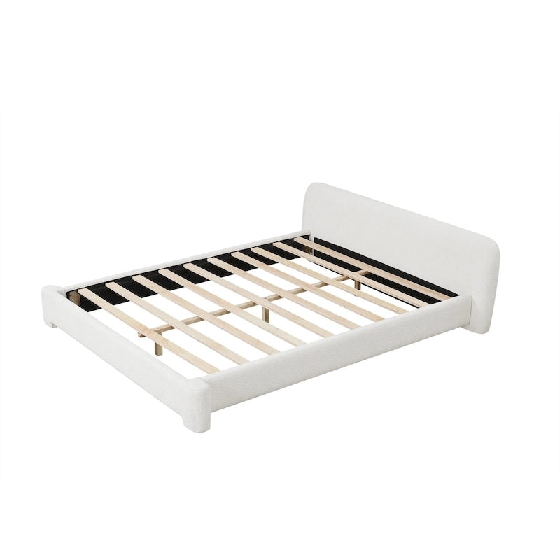 Boucle Upholstered Platform Bed Modern Wood Queen Bed Frame with Headboard for Bedroom, No Box Spring Required