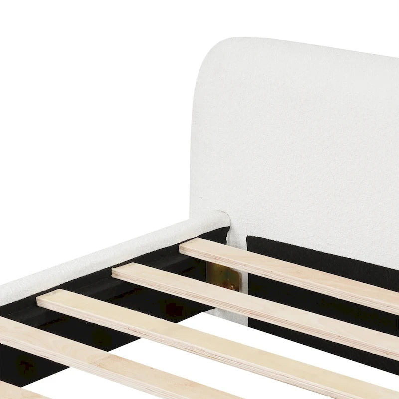 Boucle Upholstered Platform Bed Modern Wood Queen Bed Frame with Headboard for Bedroom, No Box Spring Required