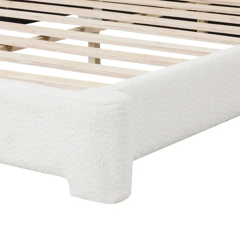 Boucle Upholstered Platform Bed Modern Wood Queen Bed Frame with Headboard for Bedroom, No Box Spring Required