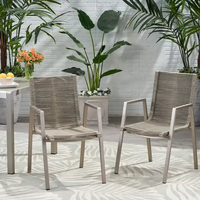 Outdoor Modern Set of 2 Dining Chairs with Rope-Woven Seats Aluminum Frame, Suitable for Dining Room Living Room Balcony Patio
