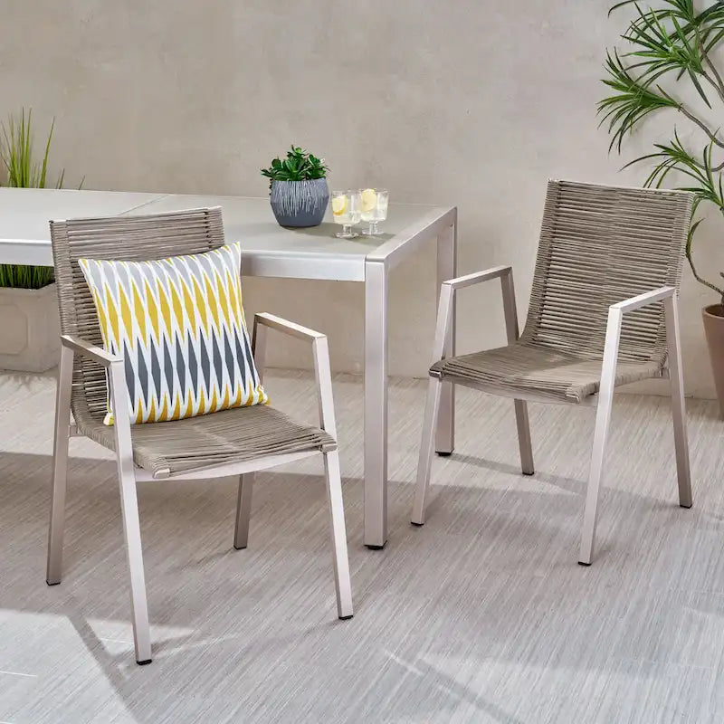 Outdoor Modern Set of 2 Dining Chairs with Rope-Woven Seats Aluminum Frame, Suitable for Dining Room Living Room Balcony Patio