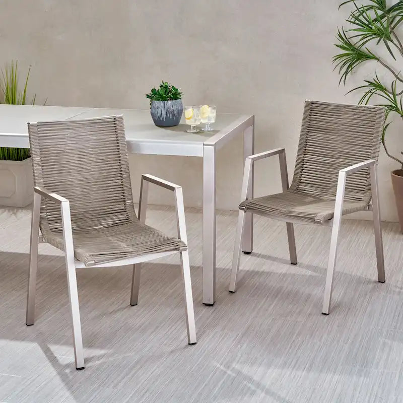 Outdoor Modern Set of 2 Dining Chairs with Rope-Woven Seats Aluminum Frame, Suitable for Dining Room Living Room Balcony Patio