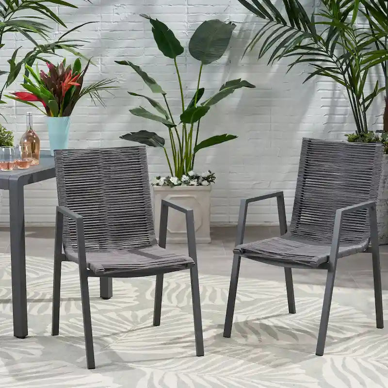 Outdoor Modern Set of 2 Dining Chairs with Rope-Woven Seats Aluminum Frame, Suitable for Dining Room Living Room Balcony Patio