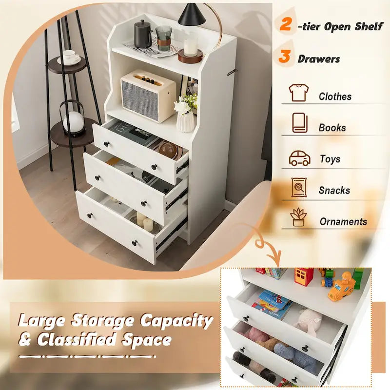 3-Drawer Dresser 44 Tall Wood Storage Organizer Chest w/ 2