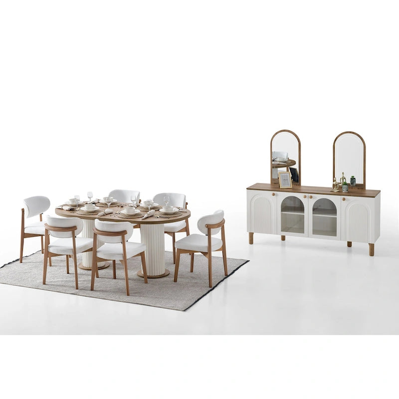 8-Piece Oval Dining Table, 6 Dining Chair With Wood Leg Set And 72 Buffet With Mirror