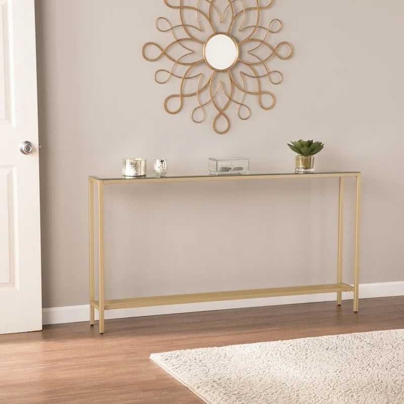 Silver Mirrored Glass Console Table, Gold Metal Legs and Modern Style - 56 L x 8 W x 30 H