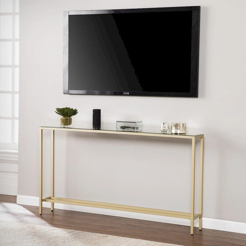 Silver Mirrored Glass Console Table, Gold Metal Legs and Modern Style - 56 L x 8 W x 30 H