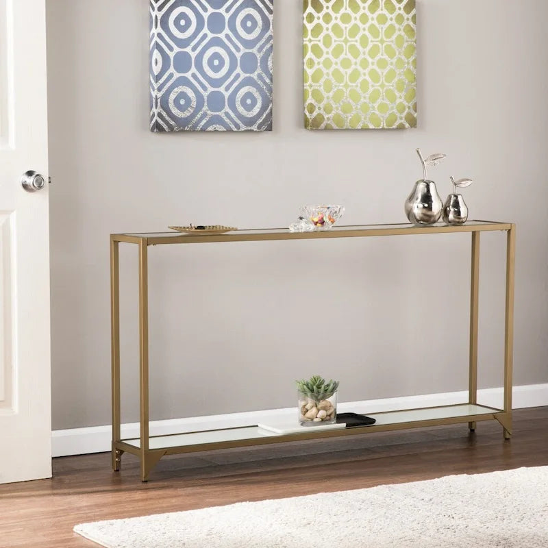 Glass Mirrored Console Table and Metal Frame with Shelf - 56 L x 8 W x 29 H