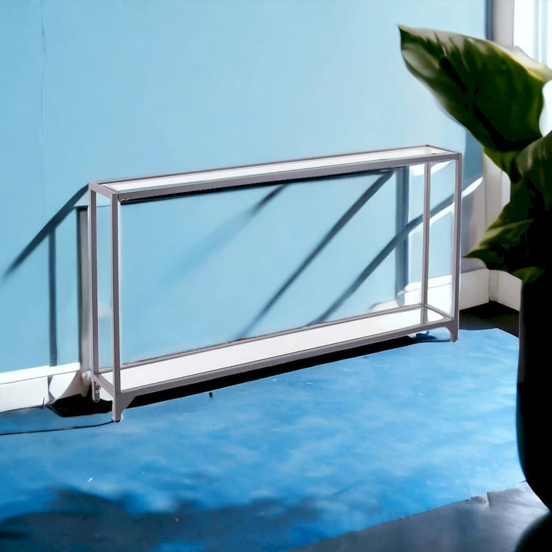 Glass Mirrored Console Table and Metal Frame with Shelf - 56 L x 8 W x 29 H