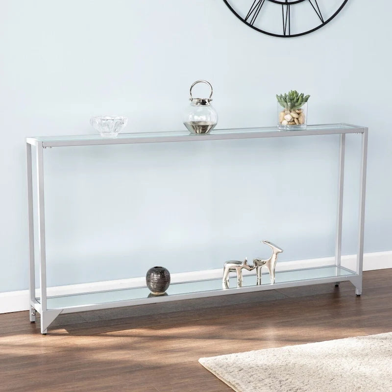 Glass Mirrored Console Table and Metal Frame with Shelf - 56 L x 8 W x 29 H