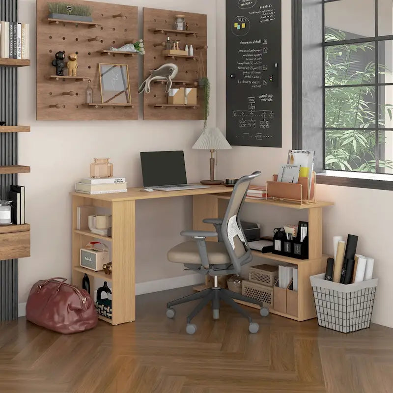 L Shaped Corner Desk, 360 Degree Rotating Home Office Desk with Storage Shelves, Writing Table Workstation