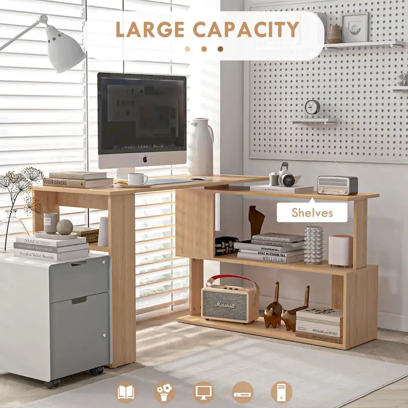 L Shaped Corner Desk, 360 Degree Rotating Home Office Desk with Storage Shelves, Writing Table Workstation