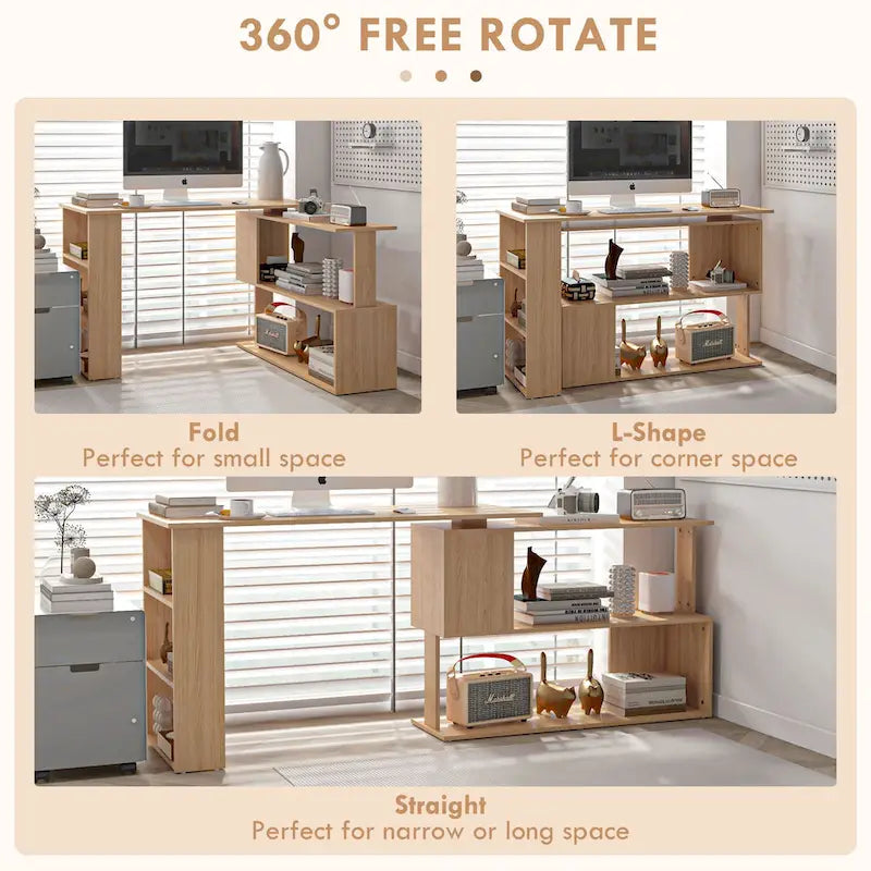 L Shaped Corner Desk, 360 Degree Rotating Home Office Desk with Storage Shelves, Writing Table Workstation
