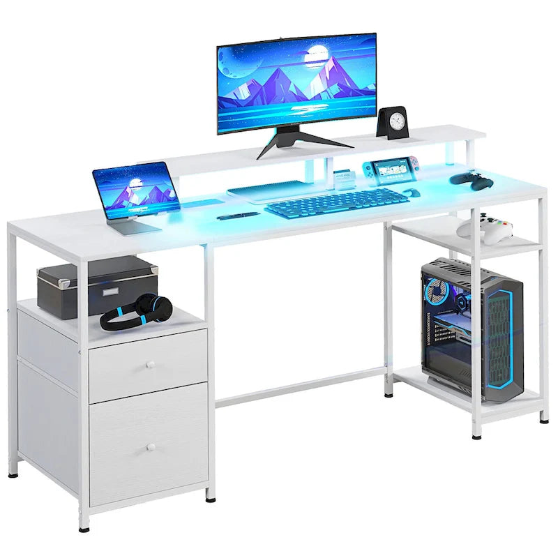 L Shaped Corner Desk, 360 Degree Rotating Home Office Desk with Storage Shelves, Writing Table Workstation