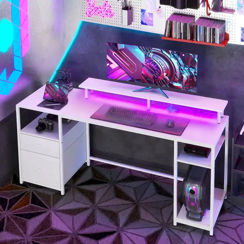 L Shaped Corner Desk, 360 Degree Rotating Home Office Desk with Storage Shelves, Writing Table Workstation
