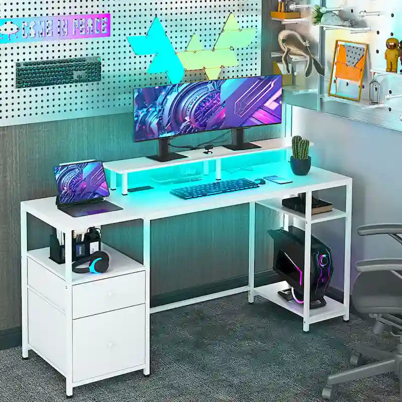 L Shaped Corner Desk, 360 Degree Rotating Home Office Desk with Storage Shelves, Writing Table Workstation