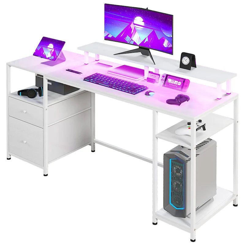 L Shaped Corner Desk, 360 Degree Rotating Home Office Desk with Storage Shelves, Writing Table Workstation