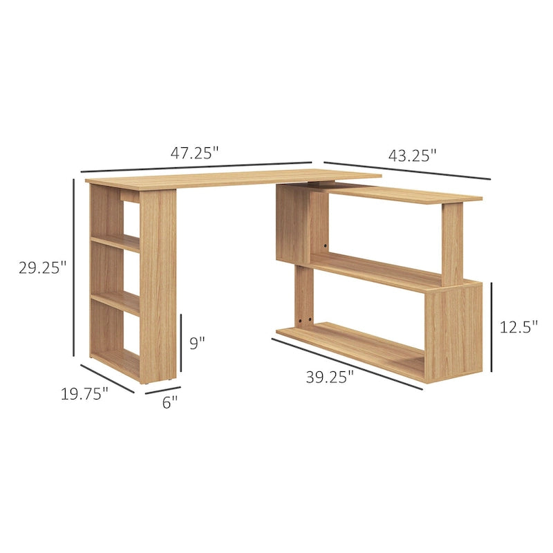 L Shaped Corner Desk, 360 Degree Rotating Home Office Desk with Storage Shelves, Writing Table Workstation