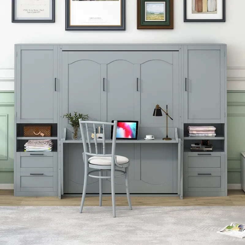 Queen Size Murphy Bed Wall Bed with Closet, Desk, Drawers and Shelves