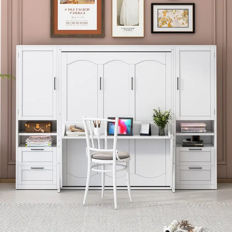 Queen Size Murphy Bed Wall Bed with Closet, Desk, Drawers and Shelves