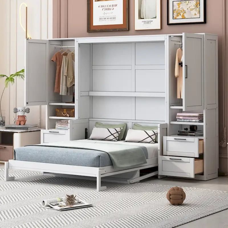 Queen Size Murphy Bed Wall Bed with Closet, Desk, Drawers and Shelves