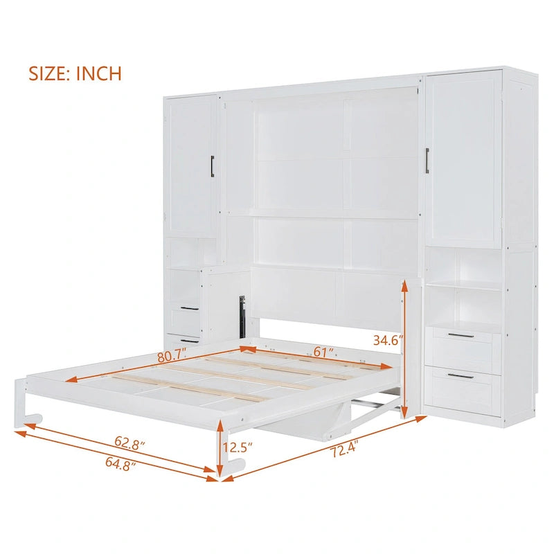 Queen Size Murphy Bed Wall Bed with Closet, Desk, Drawers and Shelves