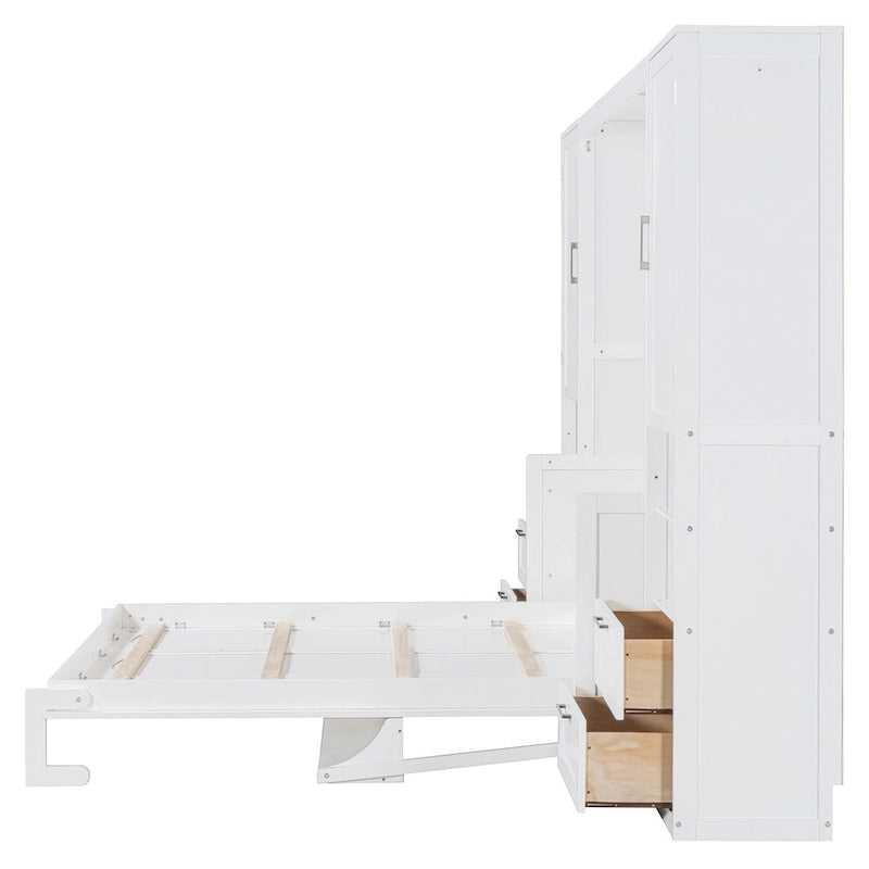 Queen Size Murphy Bed Wall Bed with Closet, Desk, Drawers and Shelves