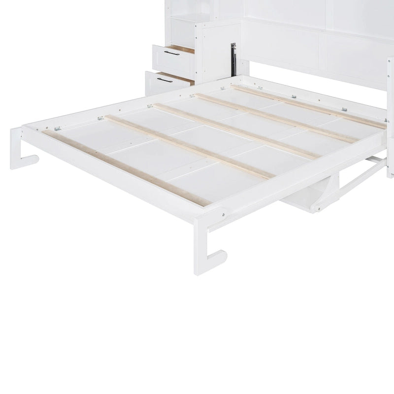 Queen Size Murphy Bed Wall Bed with Closet, Desk, Drawers and Shelves