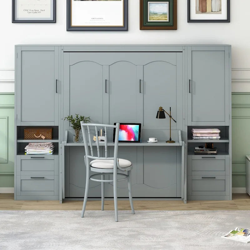 Queen Size Murphy Bed Wall Bed with Closet, Desk, Drawers and Shelves