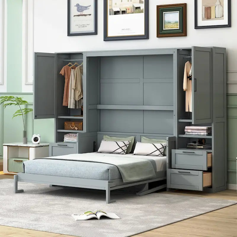 Queen Size Murphy Bed Wall Bed with Closet, Desk, Drawers and Shelves