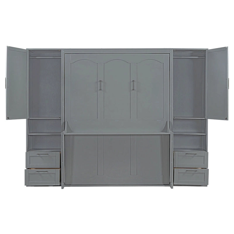 Queen Size Murphy Bed Wall Bed with Closet, Desk, Drawers and Shelves