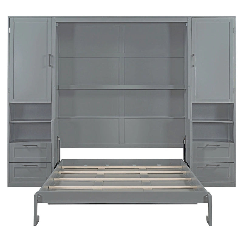 Queen Size Murphy Bed Wall Bed with Closet, Desk, Drawers and Shelves