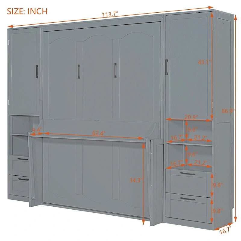 Queen Size Murphy Bed Wall Bed with Closet, Desk, Drawers and Shelves