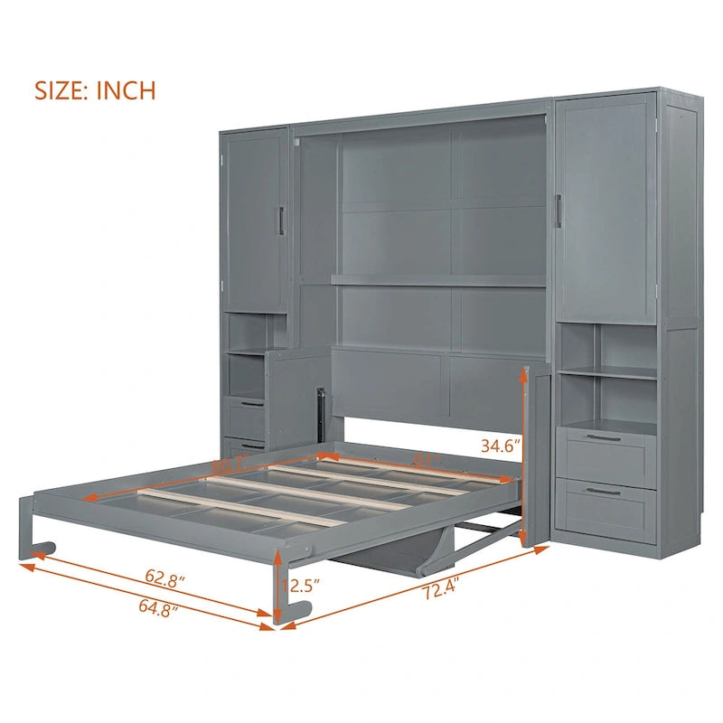 Queen Size Murphy Bed Wall Bed with Closet, Desk, Drawers and Shelves