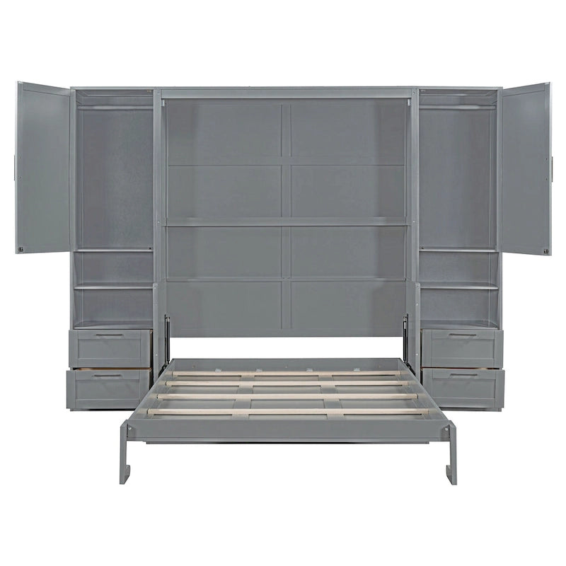 Queen Size Murphy Bed Wall Bed with Closet, Desk, Drawers and Shelves