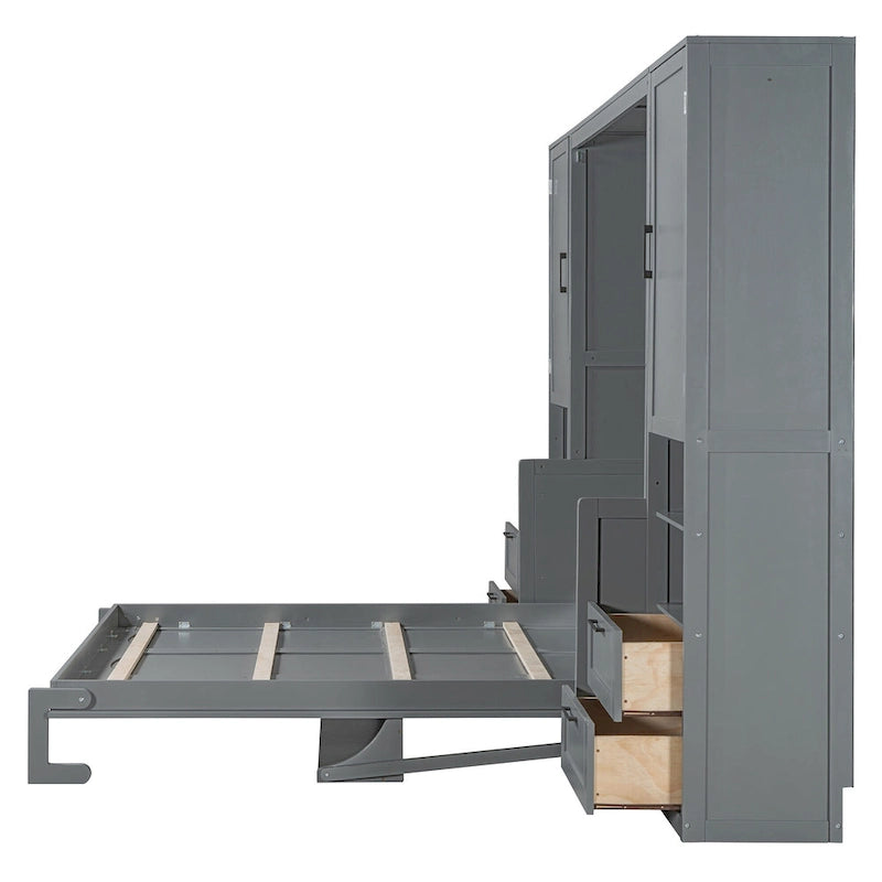 Queen Size Murphy Bed Wall Bed with Closet, Desk, Drawers and Shelves