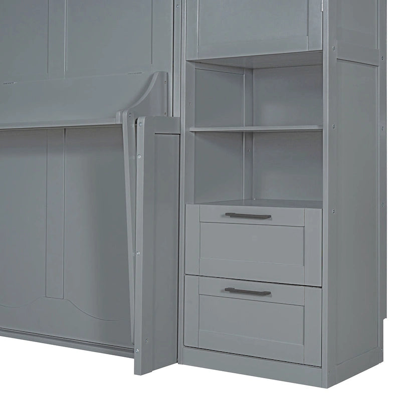 Queen Size Murphy Bed Wall Bed with Closet, Desk, Drawers and Shelves