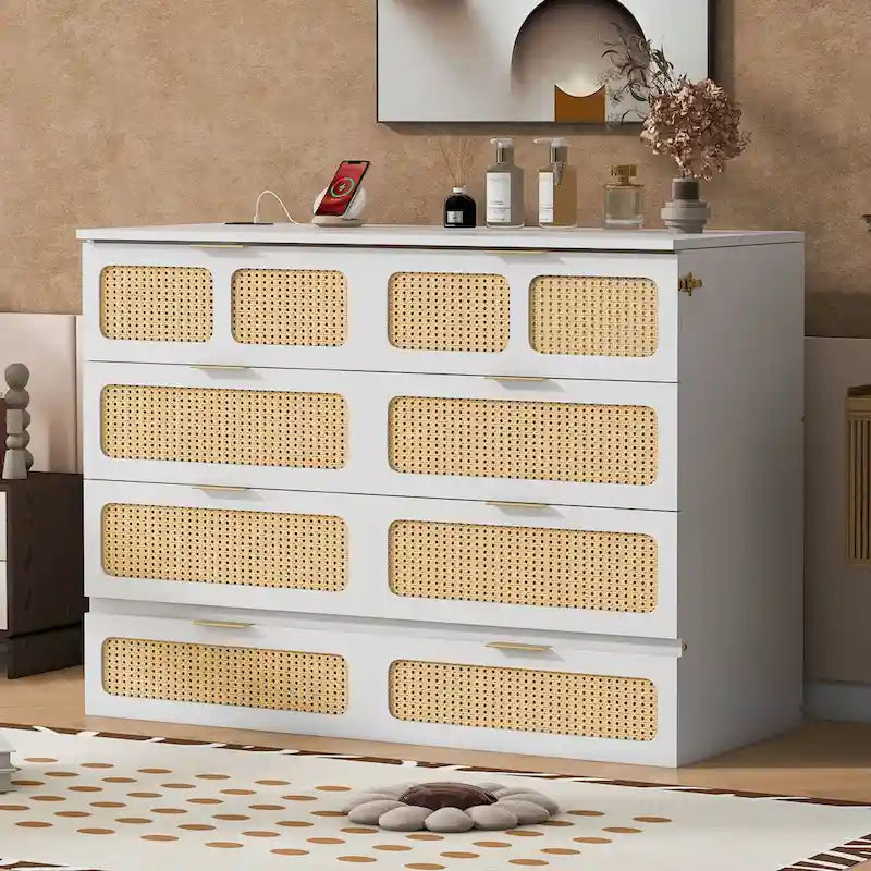 Rattan Design Murphy Bed with Storage Drawers, USB Ports and Outlets