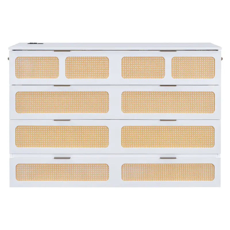 Rattan Design Murphy Bed with Storage Drawers, USB Ports and Outlets