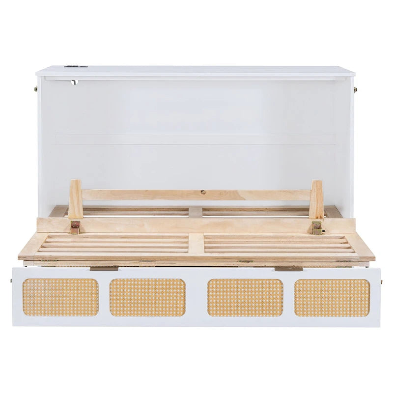 Rattan Design Murphy Bed with Storage Drawers, USB Ports and Outlets