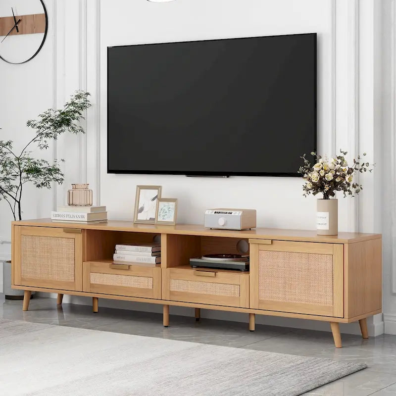 Wood 78 TV Stand with Wood Legs, Cabinets & Shelves for TVs Up to 85