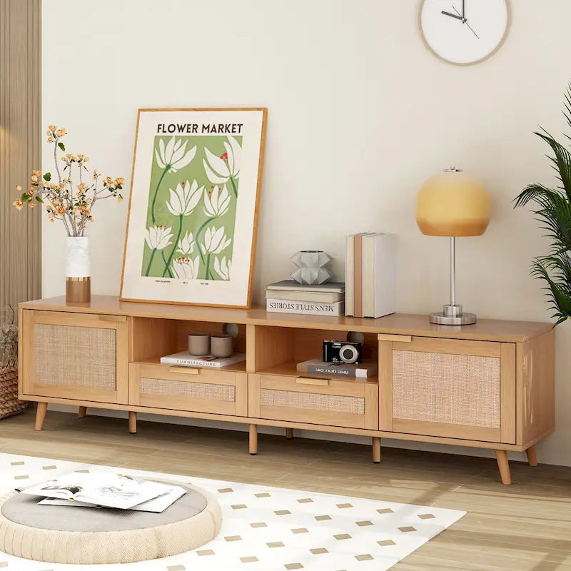 Wood 78 TV Stand with Wood Legs, Cabinets & Shelves for TVs Up to 85