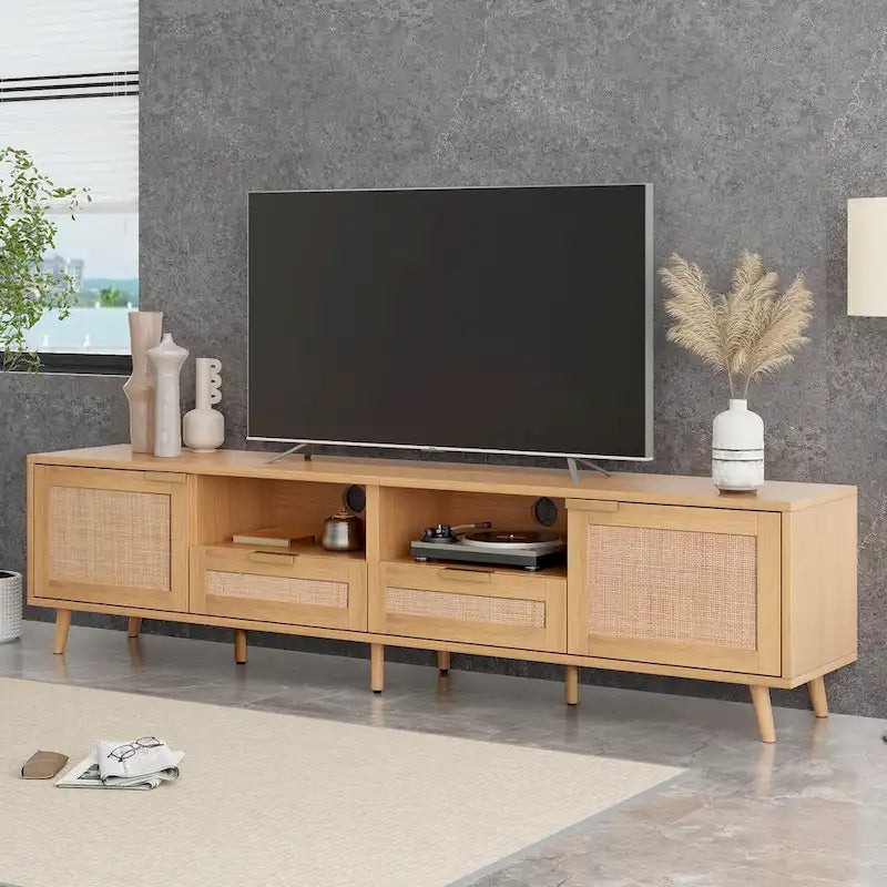 Wood 78 TV Stand with Wood Legs, Cabinets & Shelves for TVs Up to 85