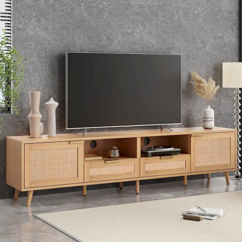 Wood 78 TV Stand with Wood Legs, Cabinets & Shelves for TVs Up to 85