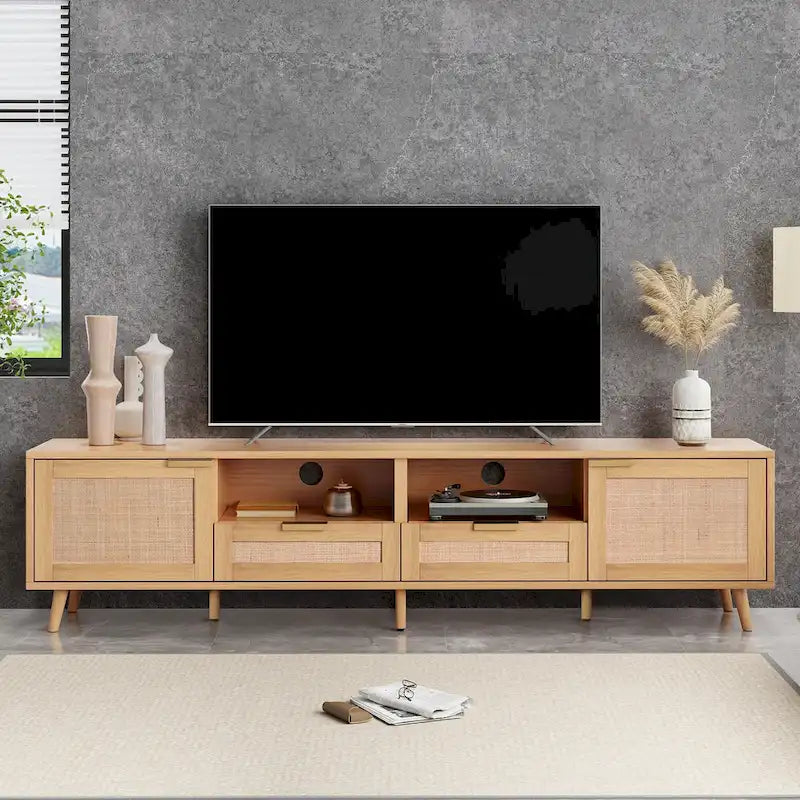 Wood 78 TV Stand with Wood Legs, Cabinets & Shelves for TVs Up to 85